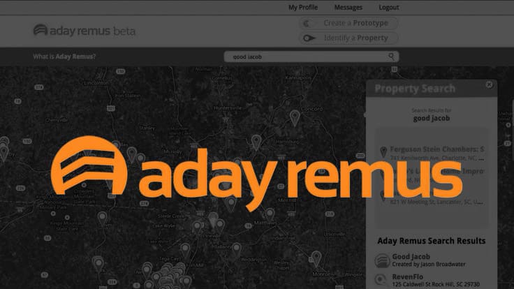 Aday Remus logo over faded webpage in background