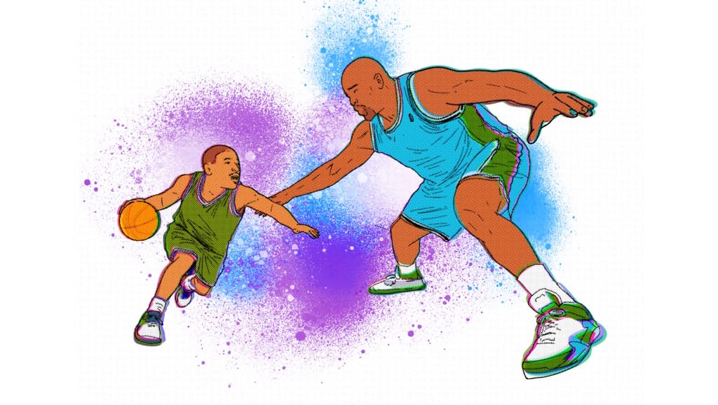 small basketball player outmaneuvering large basketball player