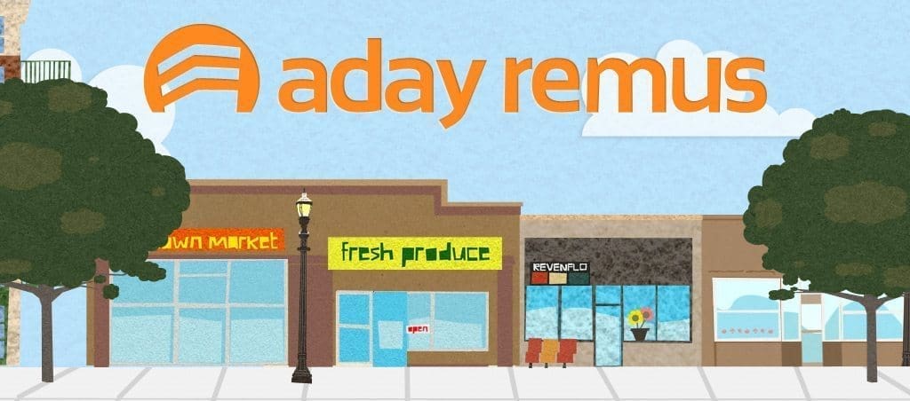 Aday Remus logo on illustration of small town main street