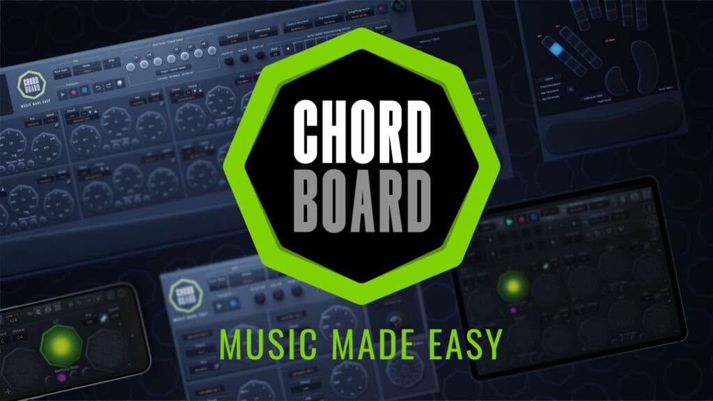 multiple different versions of Chord Board with the Chord Board logo overlayed