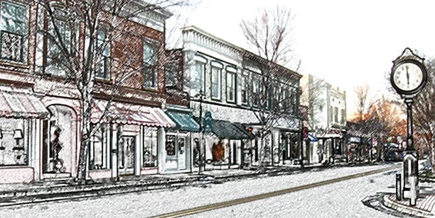 Photo of downtown York, SC with visual filter